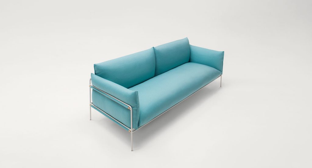 Kabà Sectional two seater sofa, structure and four legs in steel, cushion in blue polyester on a white background.