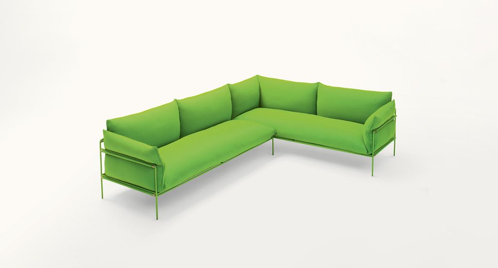 Kabà Sectional, two seater sofa, structure and four legs in green steel, cushion in green polyester on a white background.