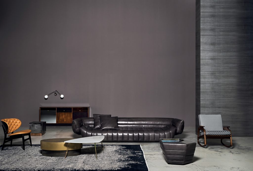 A Scarlet Twill rug, made of wools, hand-dyed in white and black pattern in a dining room.