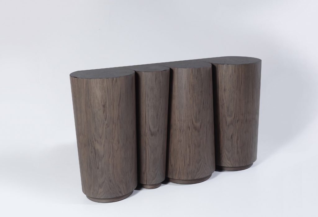 Sideboard made of a curved wooden base and exterior drawers in a brown tone on a white background