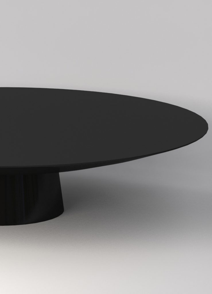 Low centrepiece made in the shape of a circle in solid wood in a black colour tone in a white background