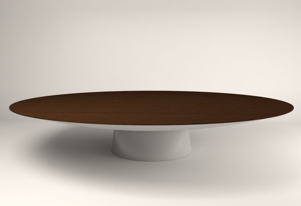 Low centrepiece made in the shape of a circle in solid wood in a brown and white colour tone