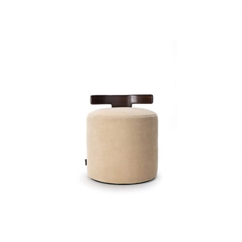 Levante T Pouf. Backrest in T shaped brown wood, seat in white fabric on a white background.
