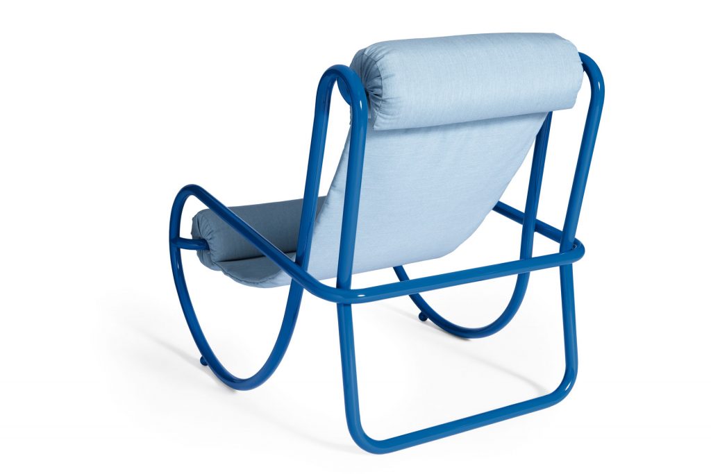 locus solus armchair being shown from the back in blue strucutre and cover