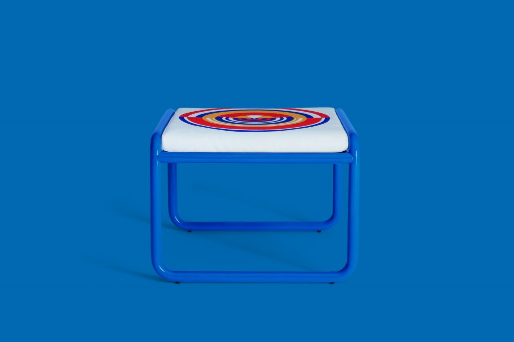 locus solus pouf in blue on a blue background