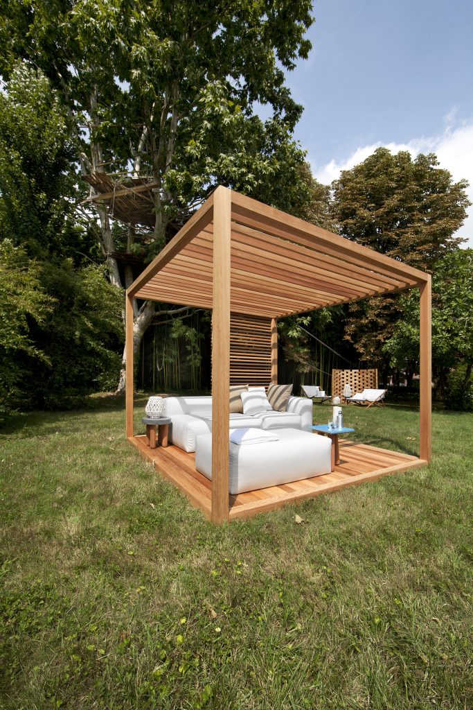 zen light cabana in cedar on top of grass and next to trees