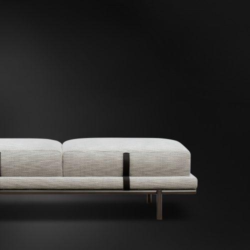New Bond Bench. Gray cushions, base and legs in black metal on a black background.