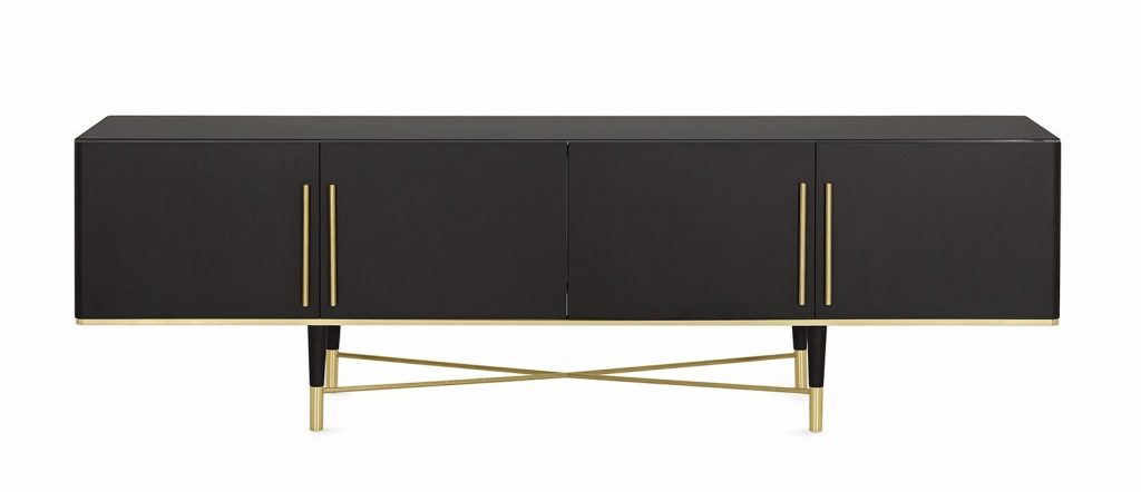 Tama Crédence: A black wooden console table with storage compartments and gold legs on a white background.