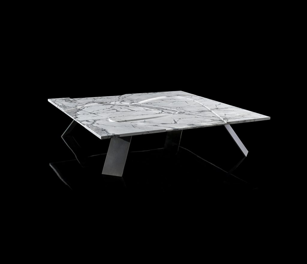 Background Coffee Table. White and gray square top and four black legs on a black background.