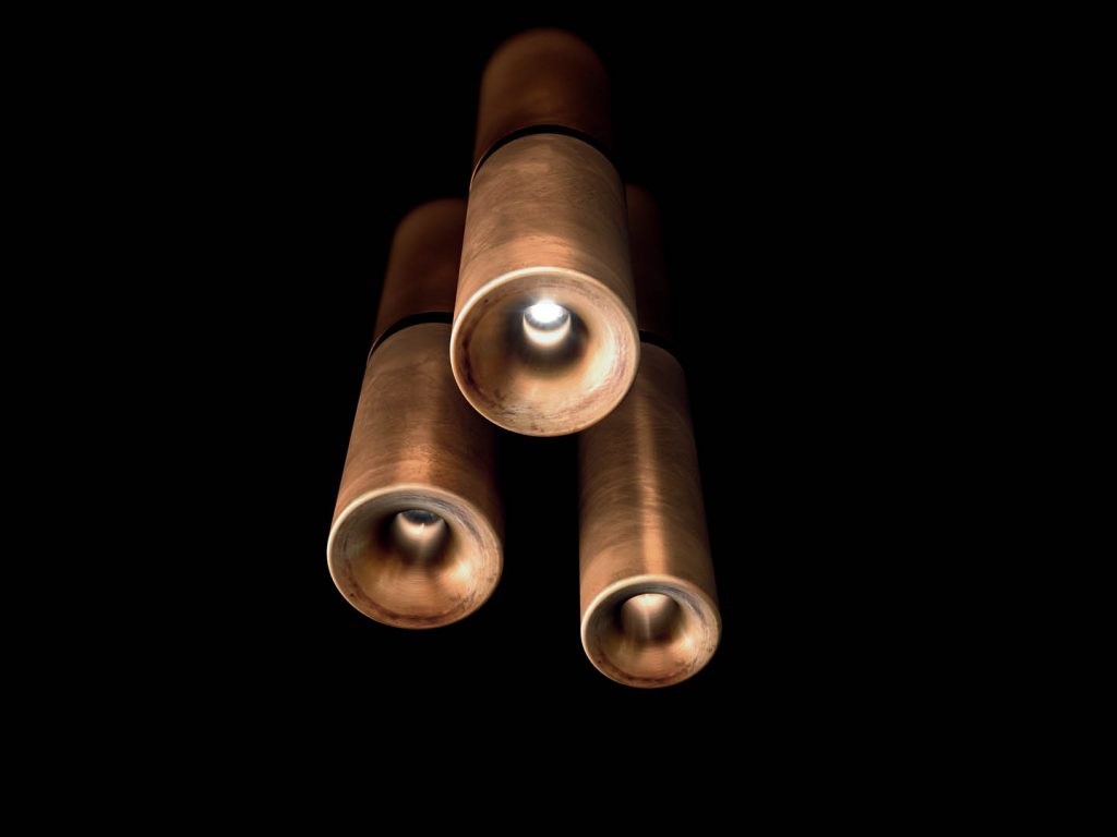 Three cylindrical ceiling Tele Lights made of burnished brass and silver on a black background.