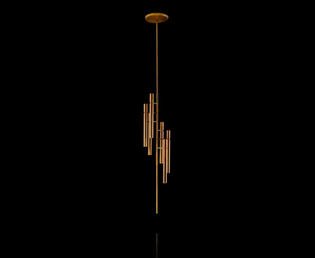A Tubular Ceiling Light with a cylindrical shape in bronze joined with bronze-colored metal bars on a black background.
