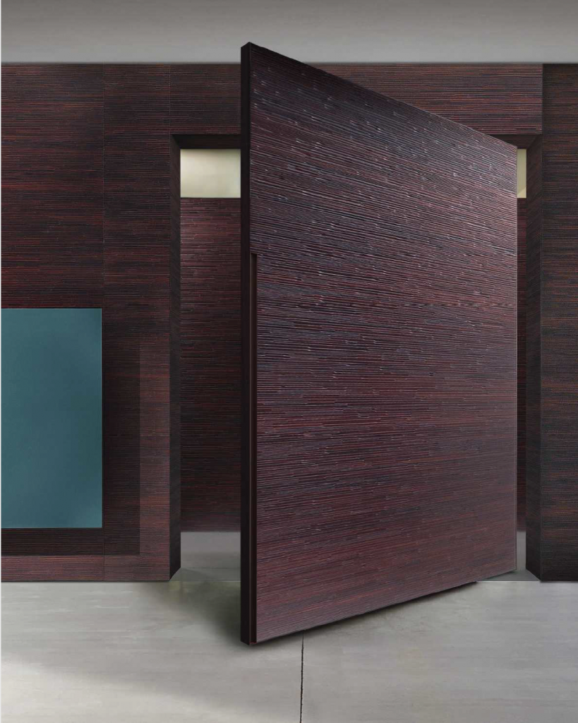 Decor finish wood sample in a dark brown color in a wall and door.