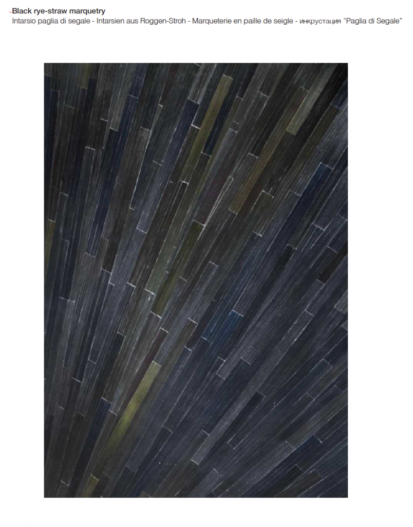 Sample of special finishes in blue, gray and brown with block pattern on white background.