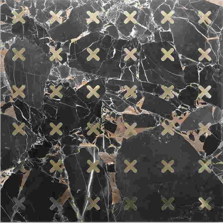 Ducale Etoils finish mosaic in black and white cracked stone with x patterns.