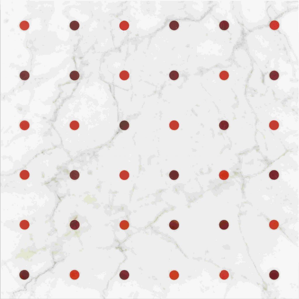 Ducale Pois finish mosaic in white and gray marble with red dot patterns.