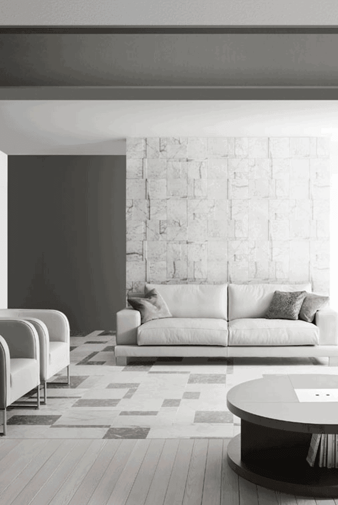 Black and white Motion finish mosaic with a square pattern in a living room.