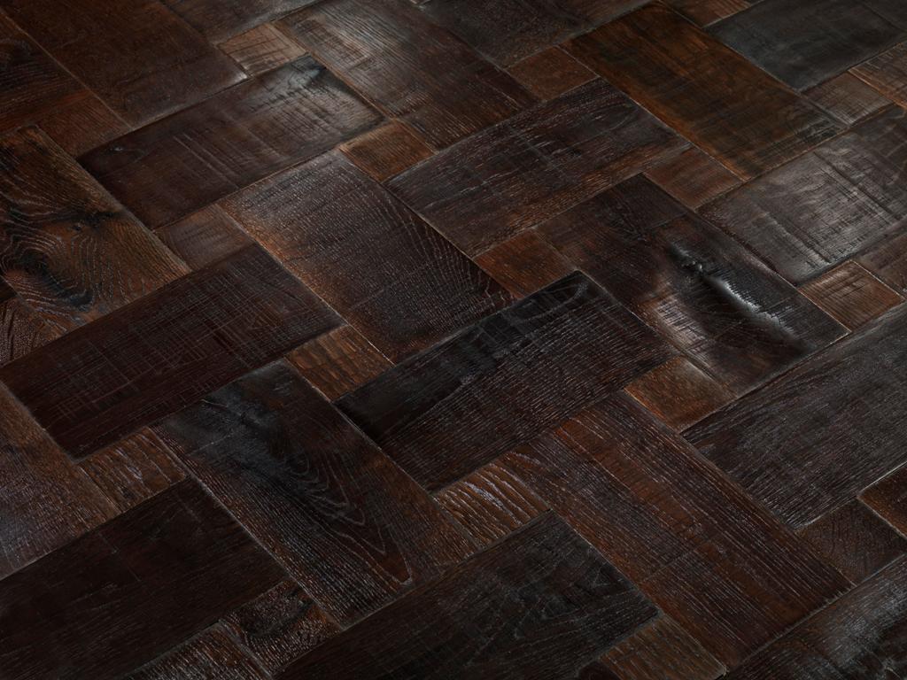 Historic wood finish in dark brown with a rustic, aged look.