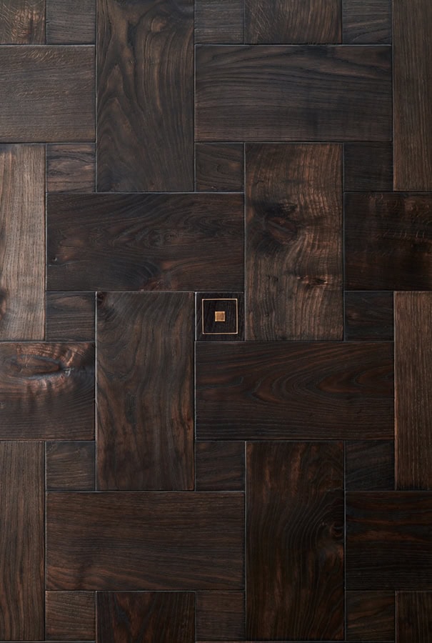 Historic wood finish in dark brown with a rustic, aged look.