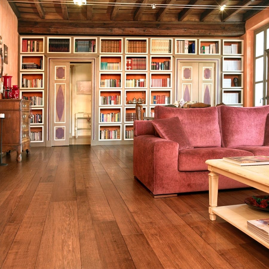 Planks finish in medium brown in a living room.