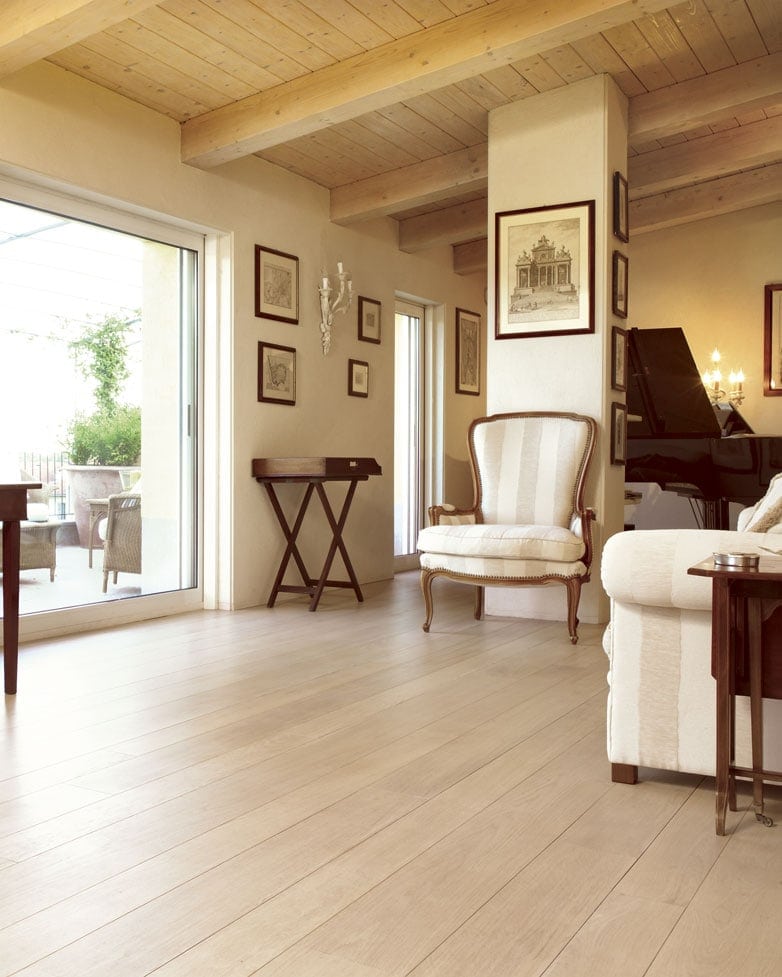 Planks finish in medium brown in a living room.
