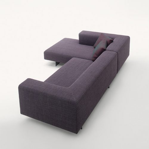 Atollo Next modular sofa, upholstery in grey fabric, four legs in steel on a white background.
