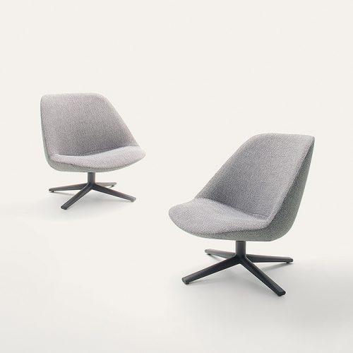 Two Swiveling and tilting Adele Armchairs, gray upholstery cover and black wooden base with four spokes on a white background.