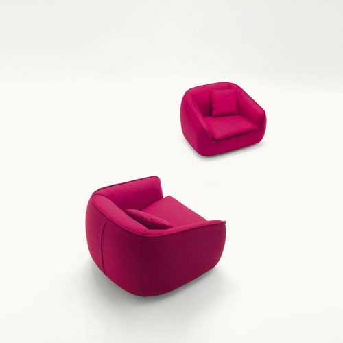 Two Bask S armchairs, upholstery in pink aquatech on a white background.