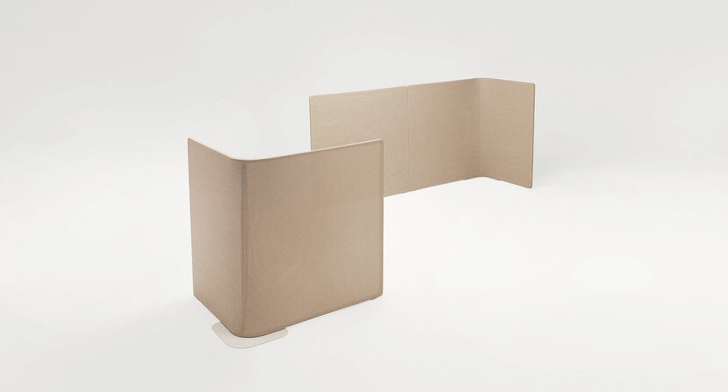 Two Abri corner and linear panels upholstered in natural thuia fabric on a white background.