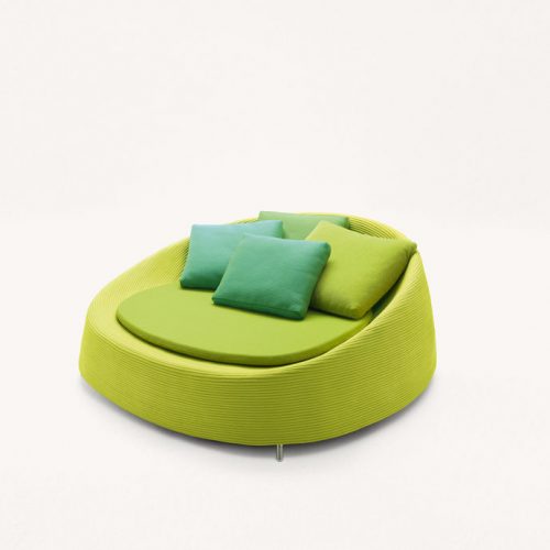 Green Afra Large seat, upholstery structure of rope cord sewn with a spiral-like pattern, seat cushion in fabric on a white background.