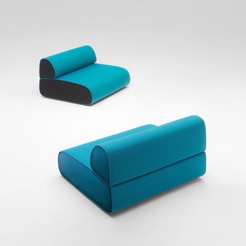 Two black and blue Ola Outdoor Sofas with backrest upholstery in fabric on a white background.
