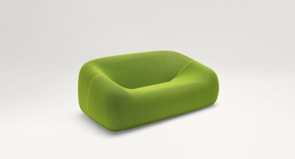 Smile Outdoor Sofa, two seater, upholstery in green aero fabric on a white background.
