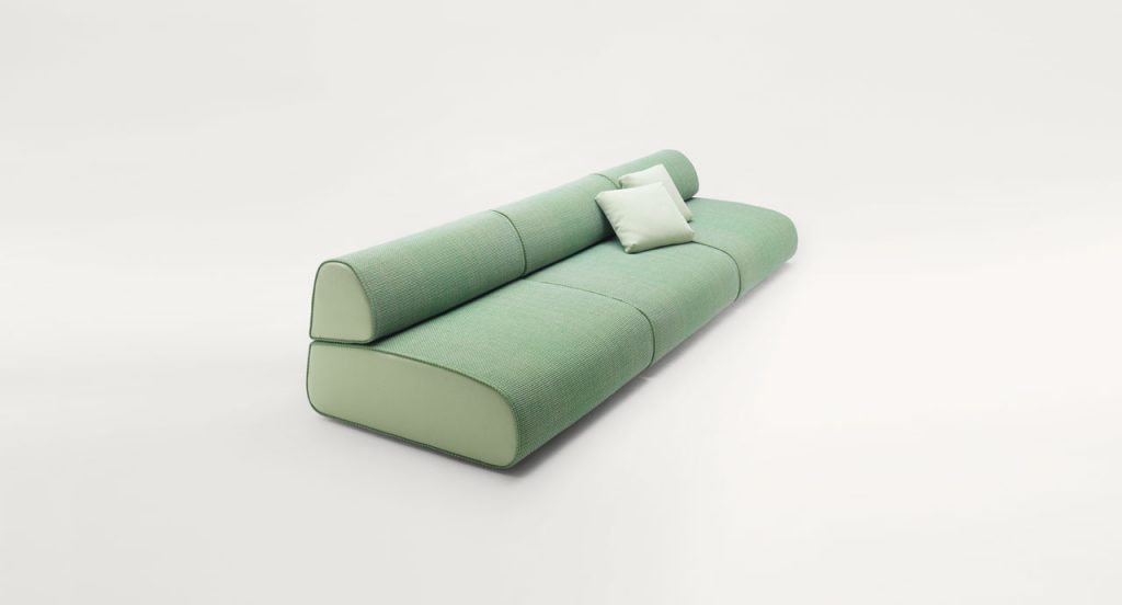Green Ola Indoor Sofa with backrest, upholstery in fabric on a white background.