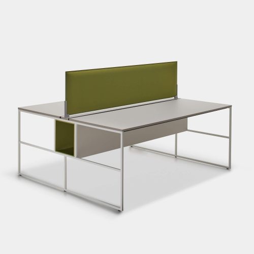 A 20 Venti workstation for two users. Tops are made of medium density fibreboard panels in light grey, in has a structural wireway, Steel frame and legs in white and open compartment, sound-absorption screen on a white background.