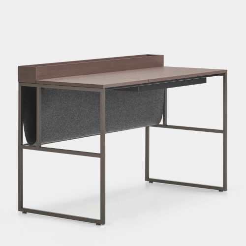 A Twenty Venti Home & Home Light desk, top in light brown, bronze steel frame and legs, desk has a drawer that can be accessed through a flap door on the desktop with hydraulic lift on a white background.