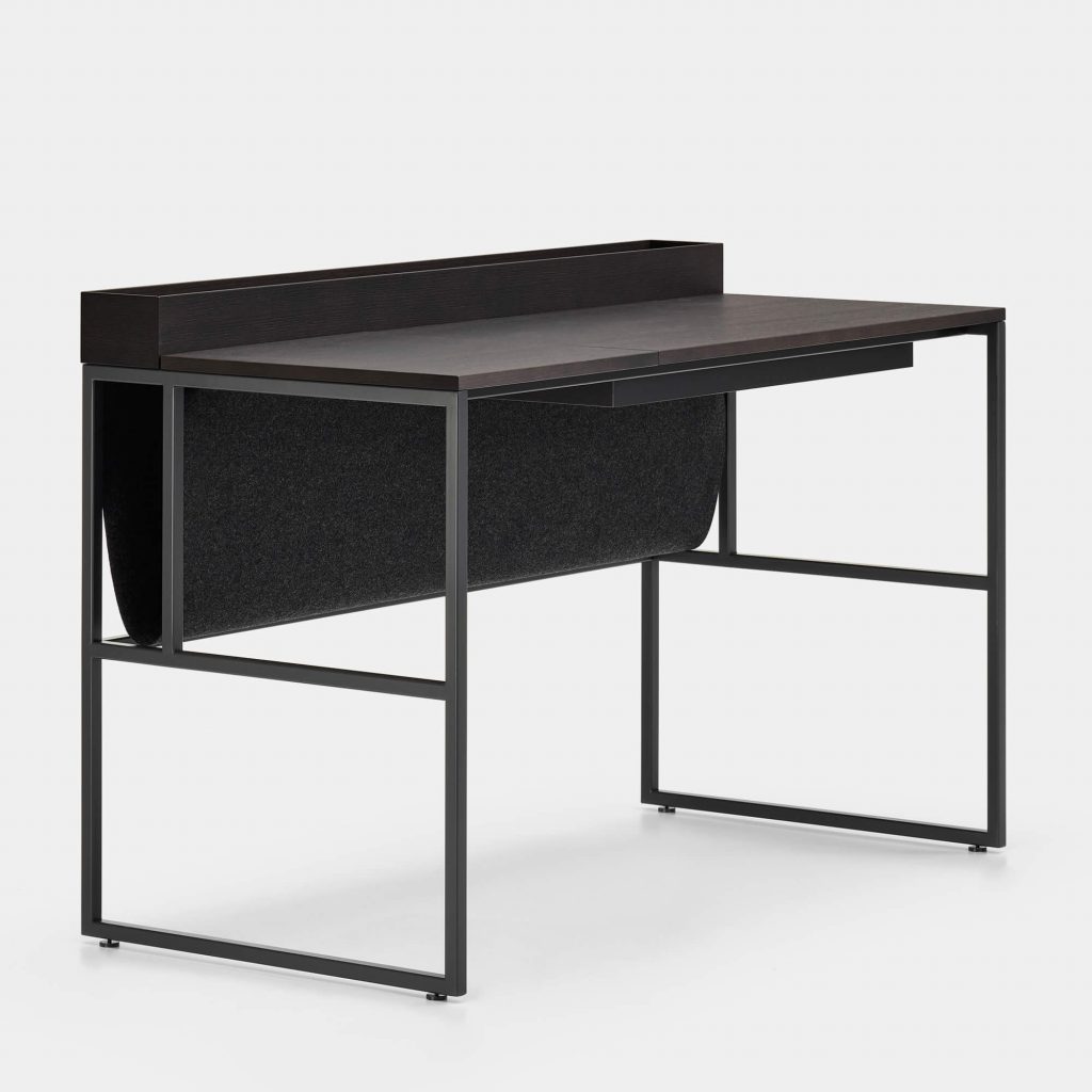 A Twenty Venti Home & Home Light desk, top in Anthracite oak, white steel frame and legs, desk has a drawer that can be accessed through a flap door on the desktop with hydraulic lift on a white background.