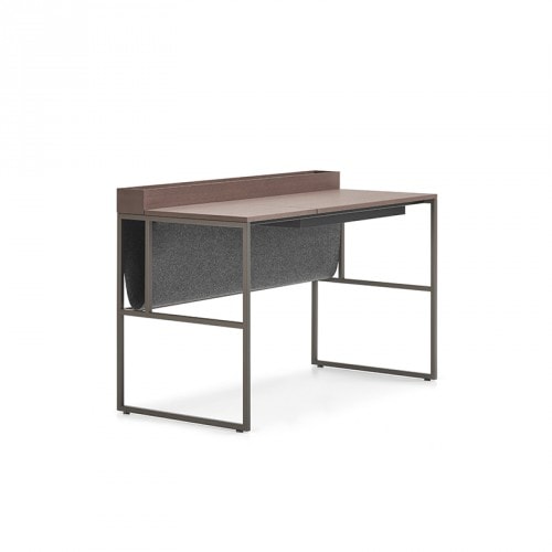A Twenty Venti Home & Home Light desk, top in light brown, bronze steel frame and legs, desk has a drawer that can be accessed through a flap door on the desktop with hydraulic lift on a white background.