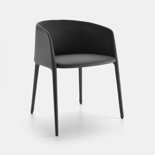 A black Achille Armchair In metal tubing, foamed with polyurethane rubbers, upholstered with fabric on a white background.