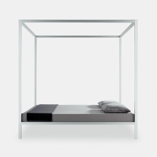 A glossy white painted Aluminium Bed with canopy on a white background.