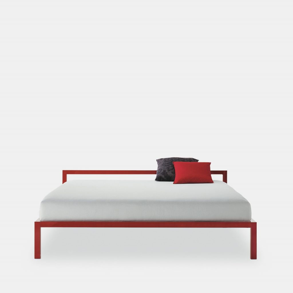 A glossy red painted Aluminium Bed with headboard on a white background.