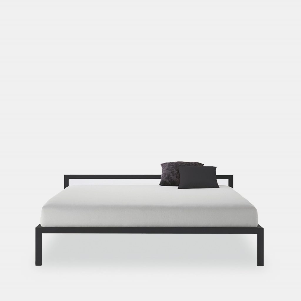 A glossy black painted Aluminium Bed with headboard on a white background.