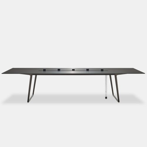 A Axy table with electrified profile, top and two legs in black aluminium on a white background.