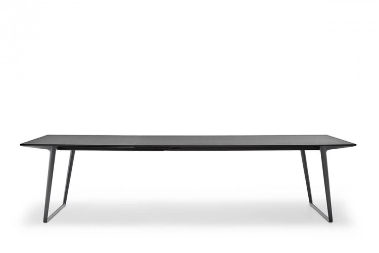 A Axy table, top and two legs in black aluminium on a white background.