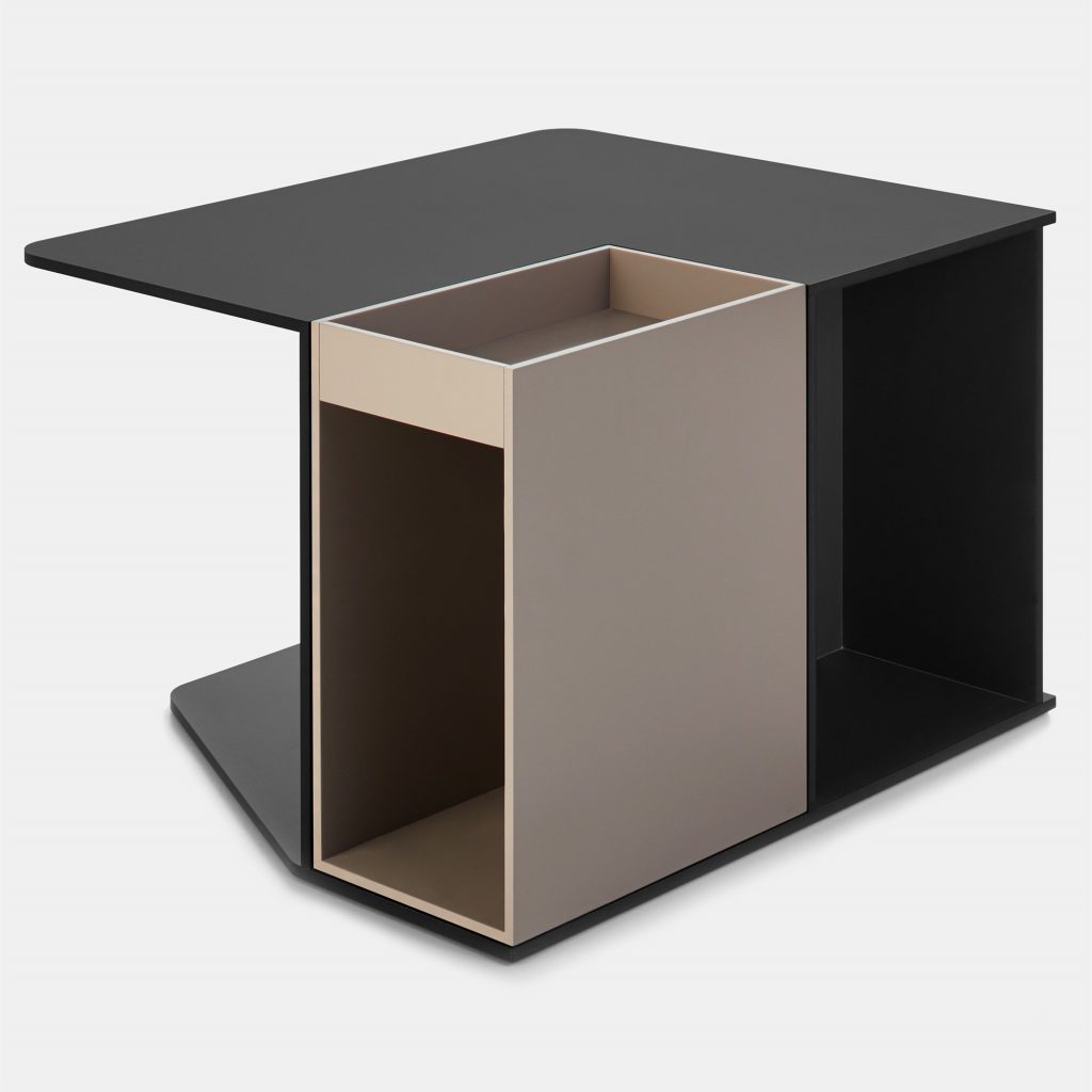 A Cosy Low Table 1-2, in black and brown high-pressure stratified laminate on a white background.