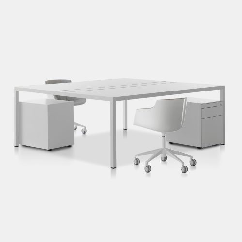 A white Desk 3.0. Square shaped top with four legs in steel, two white steel stationary cabinets with drawer and filing units and two white chairs on a white background.