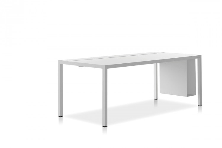A white Desk 3.0. rectangular shaped top with four legs in steel on a white background.