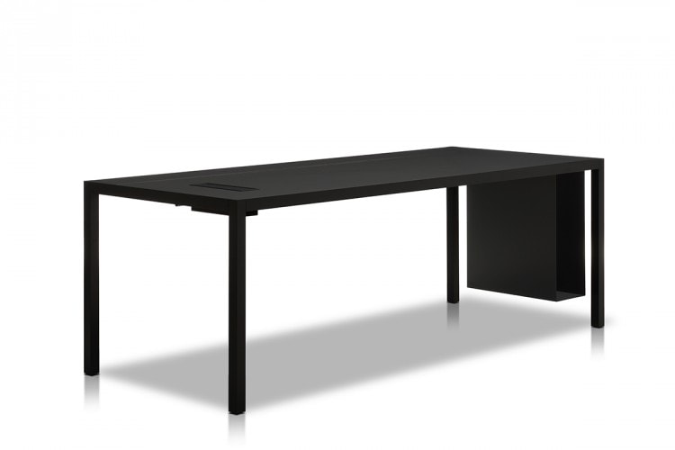 A black Desk 3.0. rectangular shaped top with four legs in steel and a black steel PC holder on a white background.