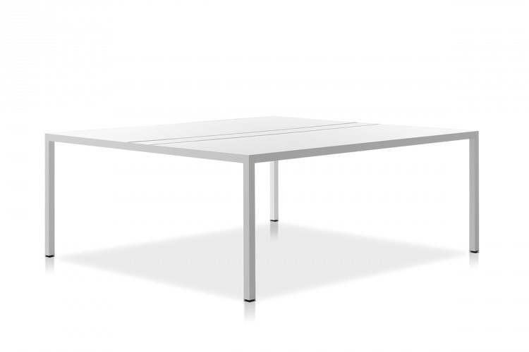 A white Desk 3.0. Square shaped top with four legs in steel on a white background.