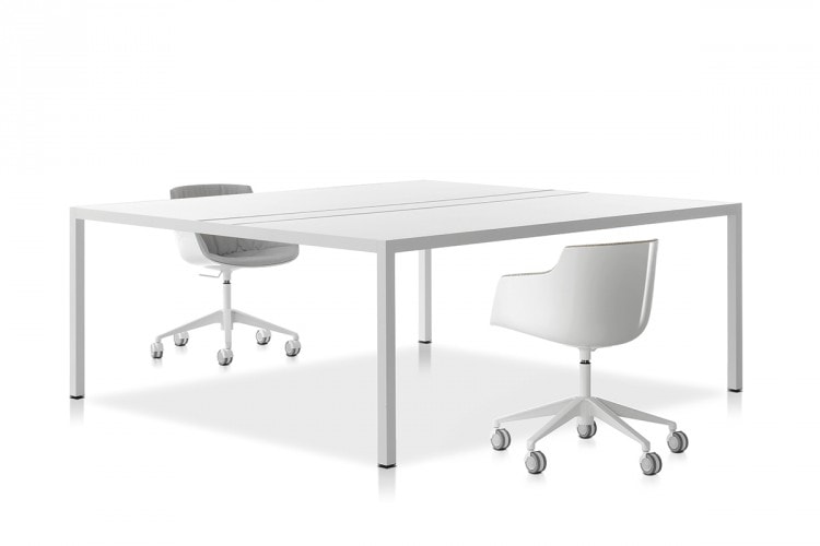 A white Desk 3.0. Square shaped top with four legs in steel and two white chairs on a white background.