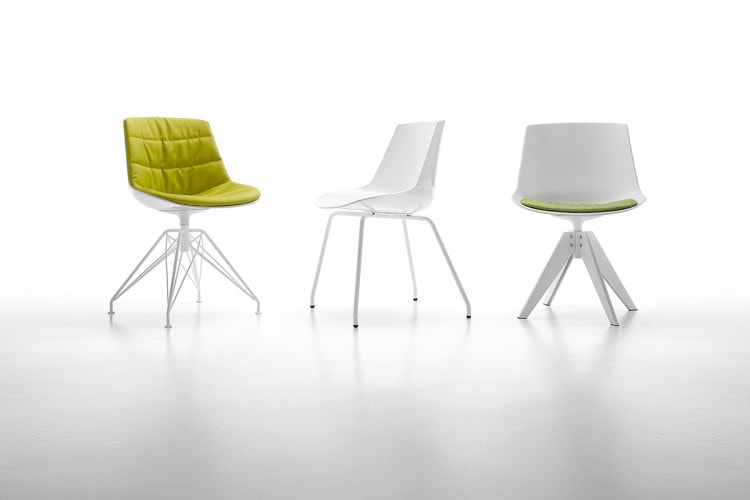 Three Flow Chairs Padded, one color yellow and two color white with a white bottom on a white room background.