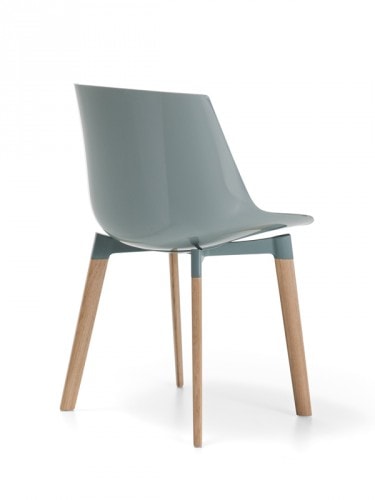 A gray-blue Flow Chair Color Padded with a natural wooden bottom on a white room background.